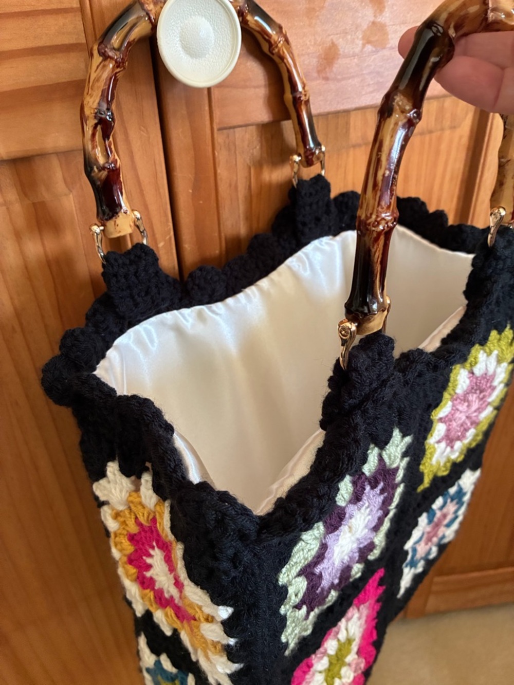 Handmade Black Crochet Tote Bag with Multicolor Floral Squares - Picture 5 of 5